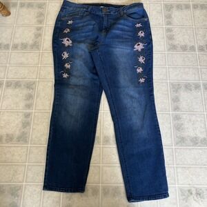 Christopher‎ & Banks Pink Flowers Embroidered  Denim Jeans Sz 14 Straight